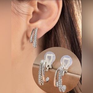 Silver & Rhinestone Luxury J Hoop Clip On Earrings